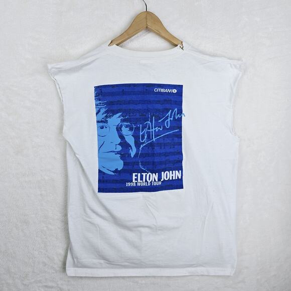 Vintage 90s Elton John White Shirt Sz XL 1998 World Tour Chopped Thrashed - Picture 8 of 13